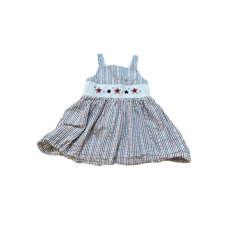 Good Lad Seersucker Dress Kids Blue White Red Stars Patriotic Smocked SIZE 2T